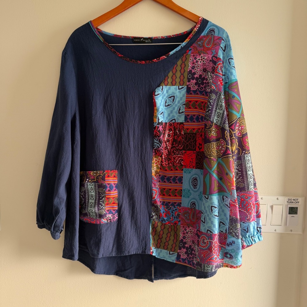 Emery Rose Patchwork Print Long Sleeve Blouse Navy Blue Womens 3XL Boho